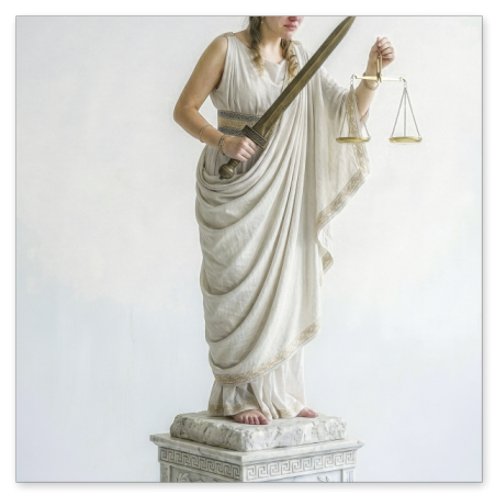 Eine lebendig wirkende Justitia-Figur mit Lorbeerkranz und antikem weißem Gewand steht barfuß auf einem verzierten Steinsockel mit der Inschrift Jvstitia. Sie weint sichtbar, hält ein Schwert im Arm und blickt traurig auf die Waagschale in ihrer linken Hand.